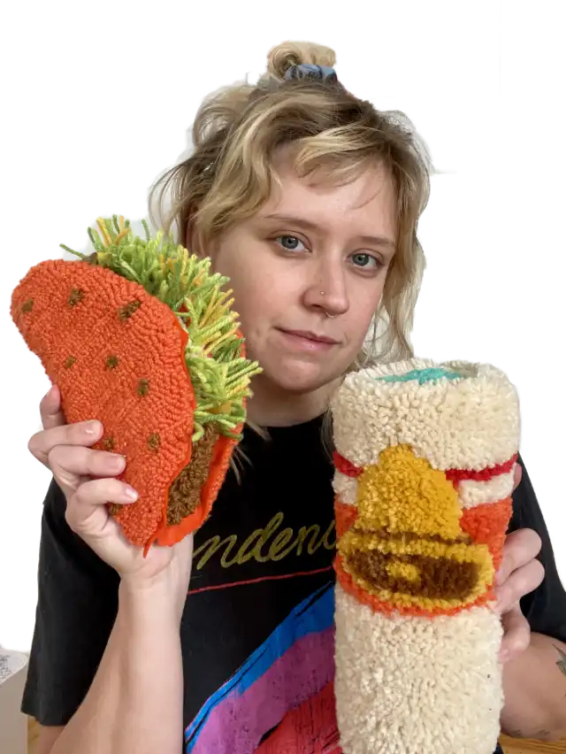 Angela with tufted 3D Taco Bell items